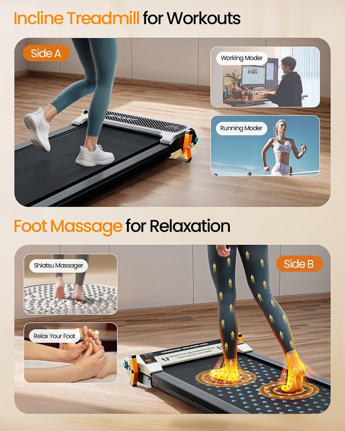 imageAKLUER Walking Pad with Incline  DualSided 2 in 1 Under Desk Treadmill with Shiatsu Foot Massager 330LBs Walking Pad Treadmills for Home and Office LED Display and Remote ControlBlack